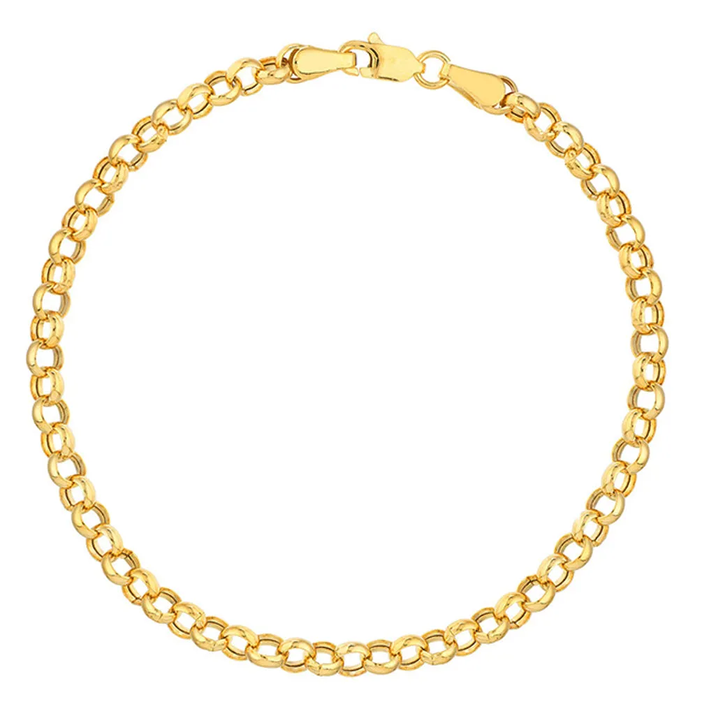 14K Gold 3.75mm Hollow Rolo Chain Bracelet with Lobster Lock, 7.25"