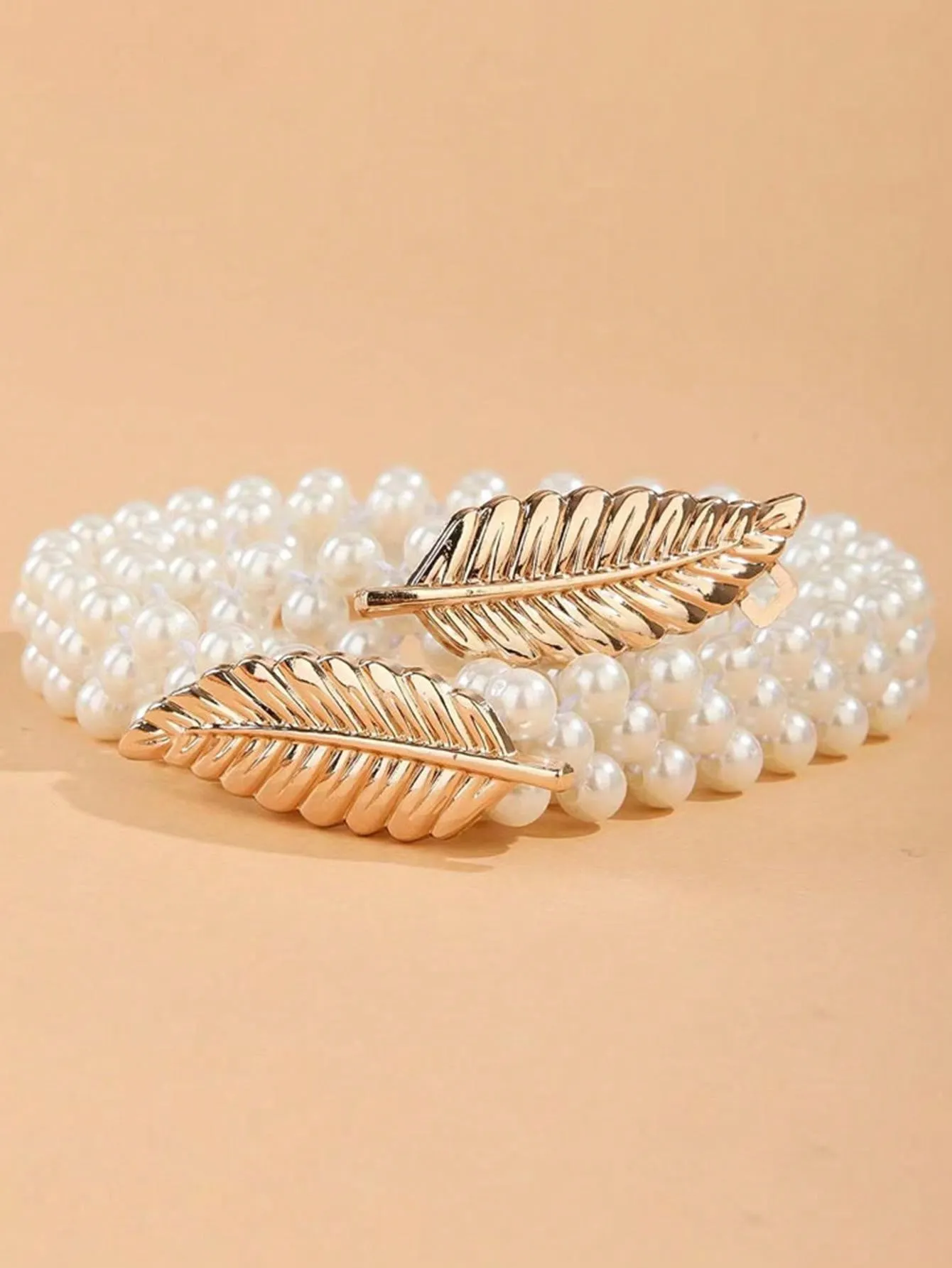 1pc Women's Pearl Belt With Leaf Buckle, Perfect For Dresses, Elastic Waist Chain, Fashionable And Elegant Waistband Decoration