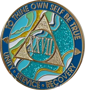 27 Year AA Medallion Elegant Caribbean Aqua Glitter Teal Marble Gold Sobriety Chip