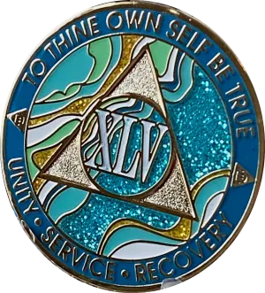 45 Year AA Medallion Elegant Caribbean Aqua Glitter Teal Marble Gold Sobriety Chip