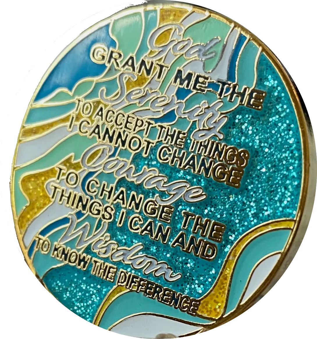 45 Year AA Medallion Elegant Caribbean Aqua Glitter Teal Marble Gold Sobriety Chip