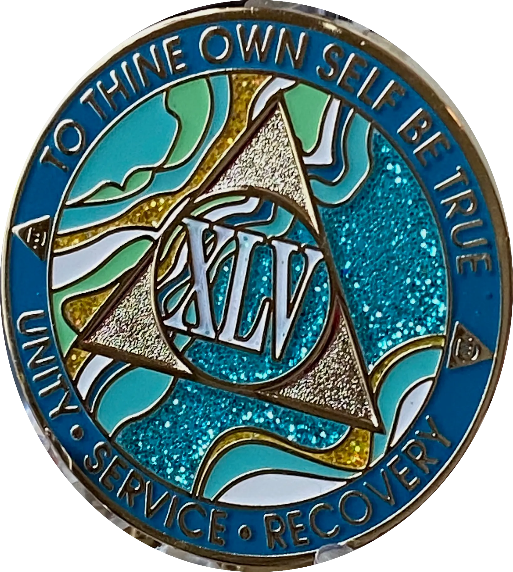 45 Year AA Medallion Elegant Caribbean Aqua Glitter Teal Marble Gold Sobriety Chip