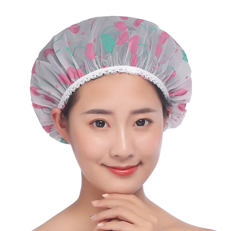 5 PCS Thickened Waterproof Shower Cap with Elegant Matte Print and Lace Trim, HG0023