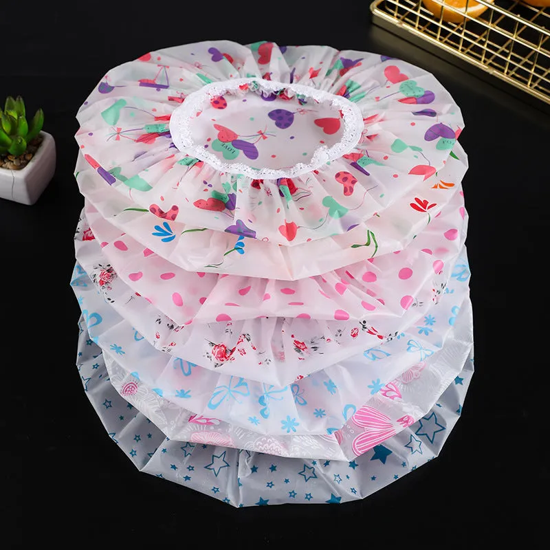 5 PCS Thickened Waterproof Shower Cap with Elegant Matte Print and Lace Trim, HG0023