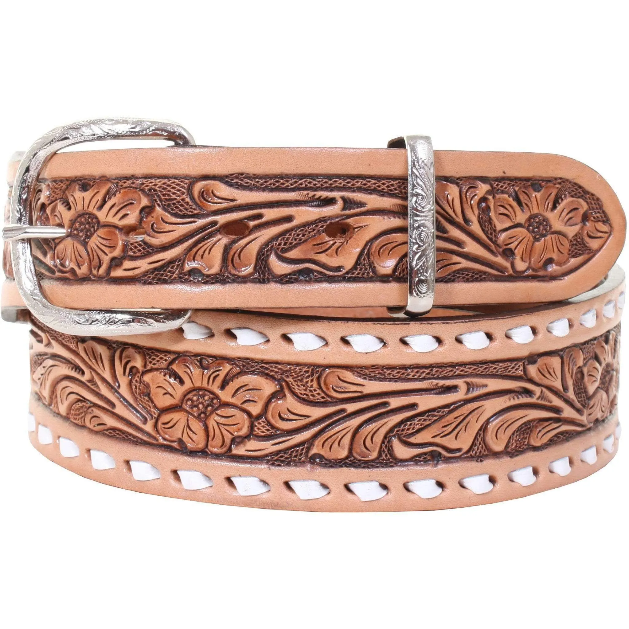 B063 - Floral Tooled Buckstitch Belt