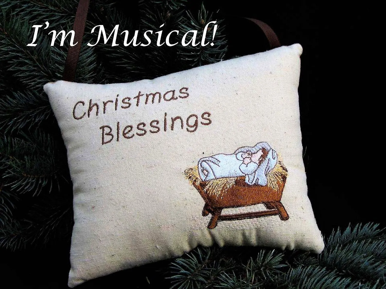 Baby Jesus in the Manger Music Box Pillow -- Personalized Embroidered MUSICAL Keepsake