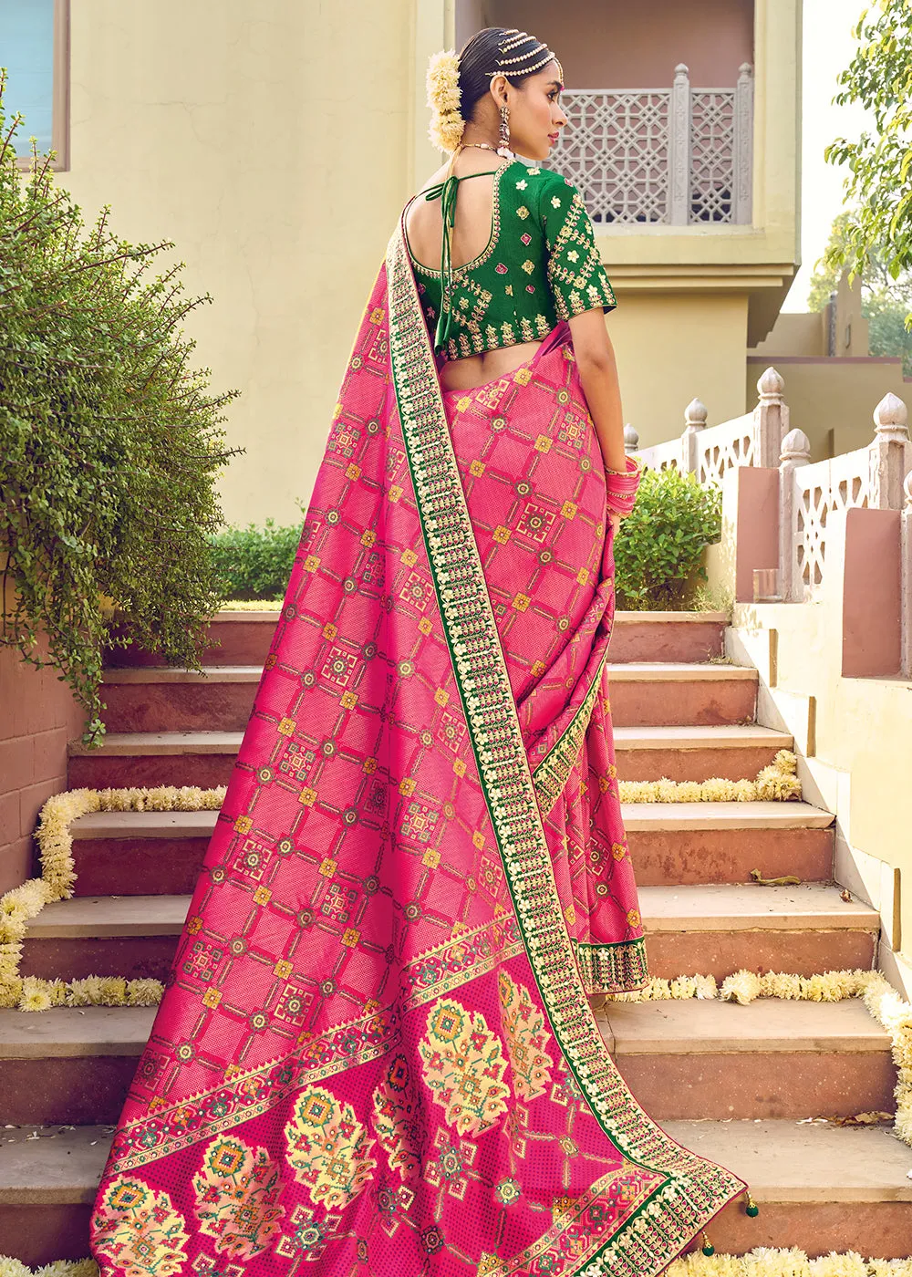 Bandhej Patola Pure Silk Pink Wedding Traditional Saree