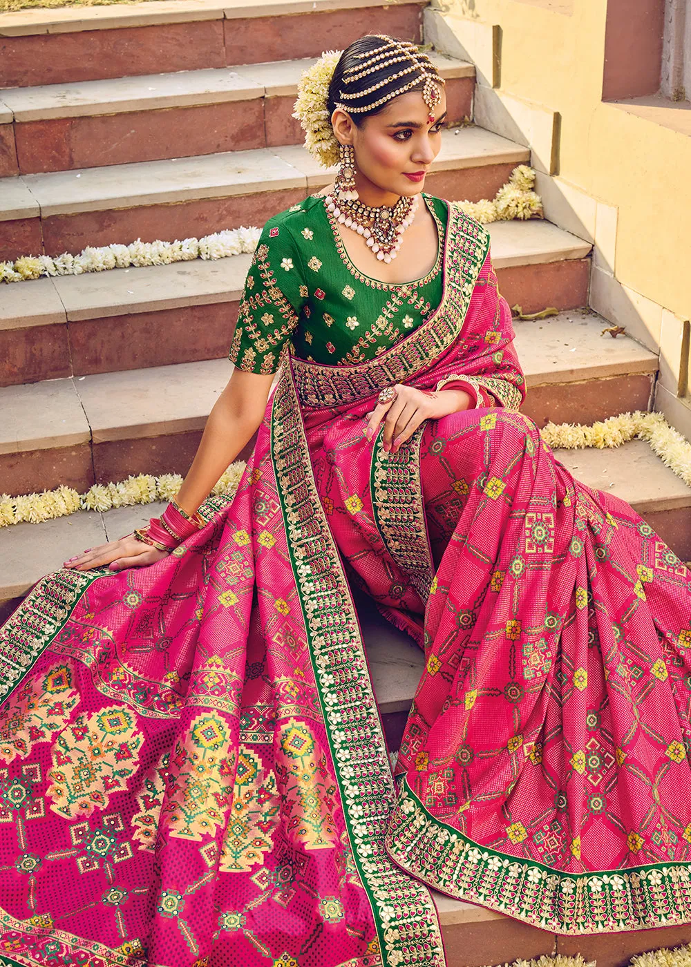 Bandhej Patola Pure Silk Pink Wedding Traditional Saree