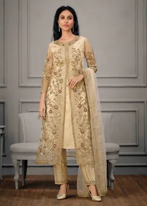 Beige Cream Wedding Wear Net Slit Style Salwar Suit