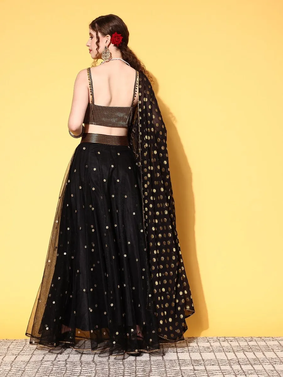 Black & Gold-Toned Sequinned Semi-Stitched Lehenga & Unstitched Blouse With Dupatta