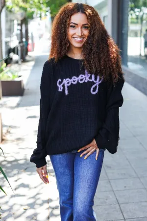 Black Embroidered "Spooky" Chunky Sweater