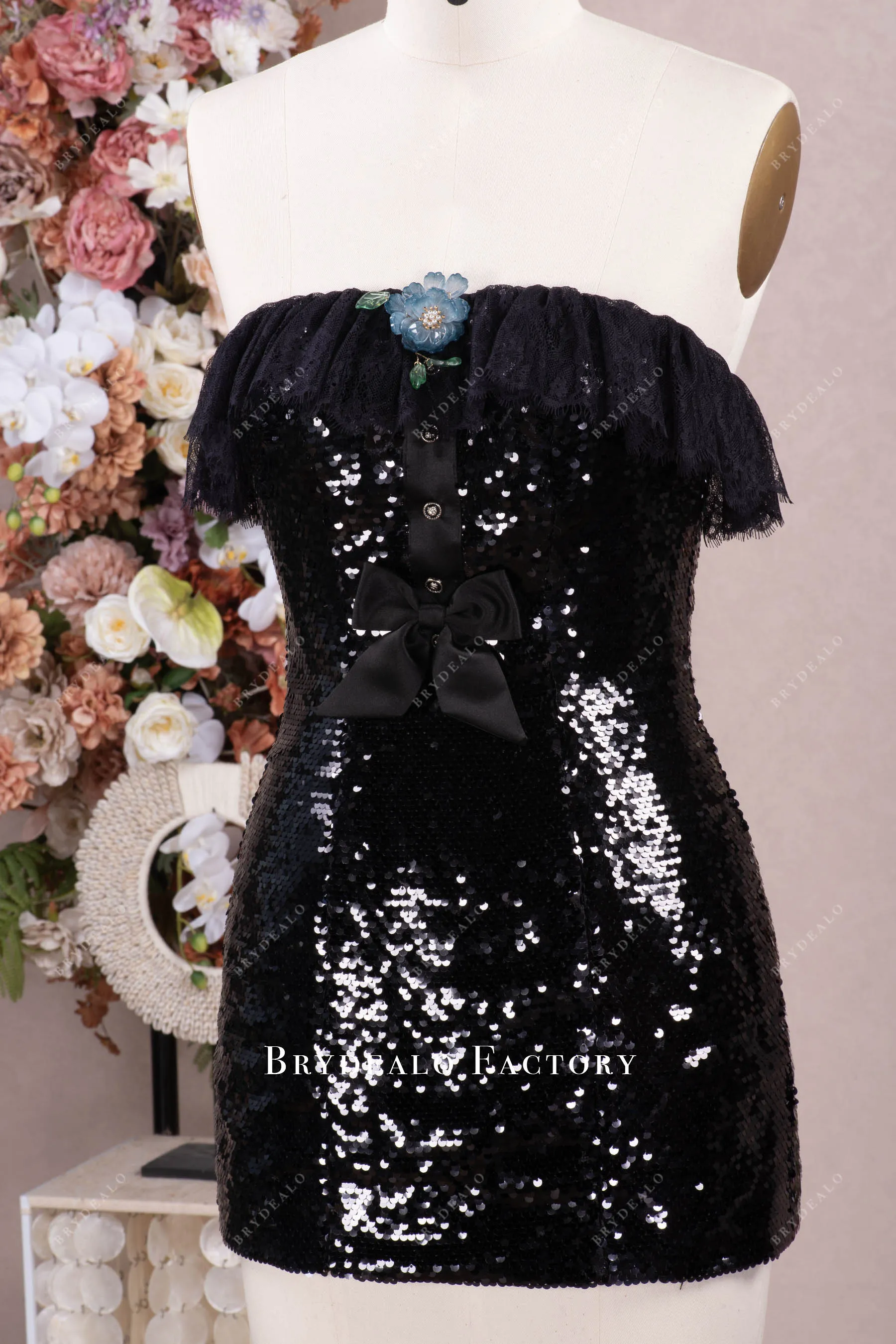 Black Ruffled Lace Straight Across Neck Sequin Mini Dress