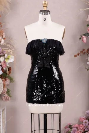 Black Ruffled Lace Straight Across Neck Sequin Mini Dress