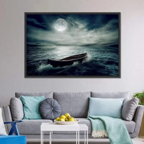 Boat Drifting In Stormy Ocean Canvas Wall Art