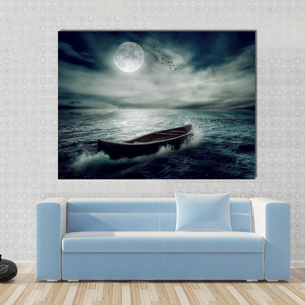 Boat Drifting In Stormy Ocean Canvas Wall Art