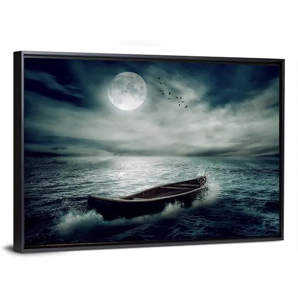 Boat Drifting In Stormy Ocean Canvas Wall Art