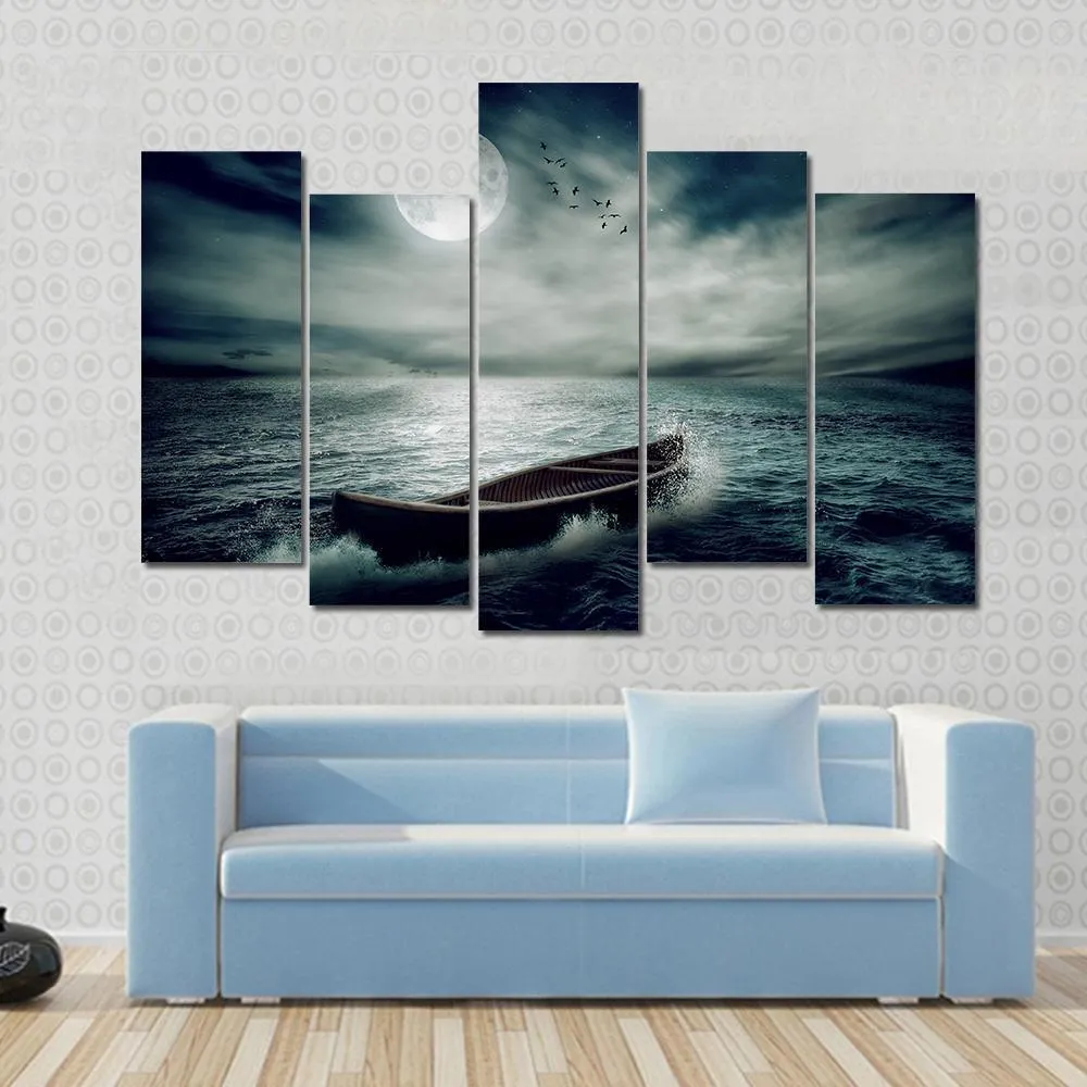 Boat Drifting In Stormy Ocean Canvas Wall Art