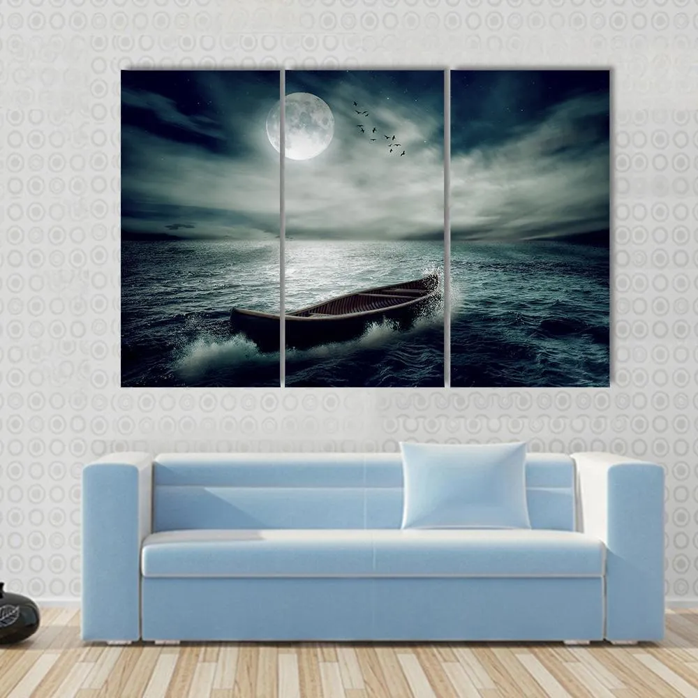 Boat Drifting In Stormy Ocean Canvas Wall Art