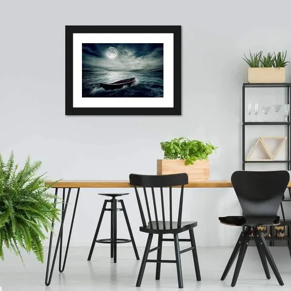 Boat Drifting In Stormy Ocean Canvas Wall Art