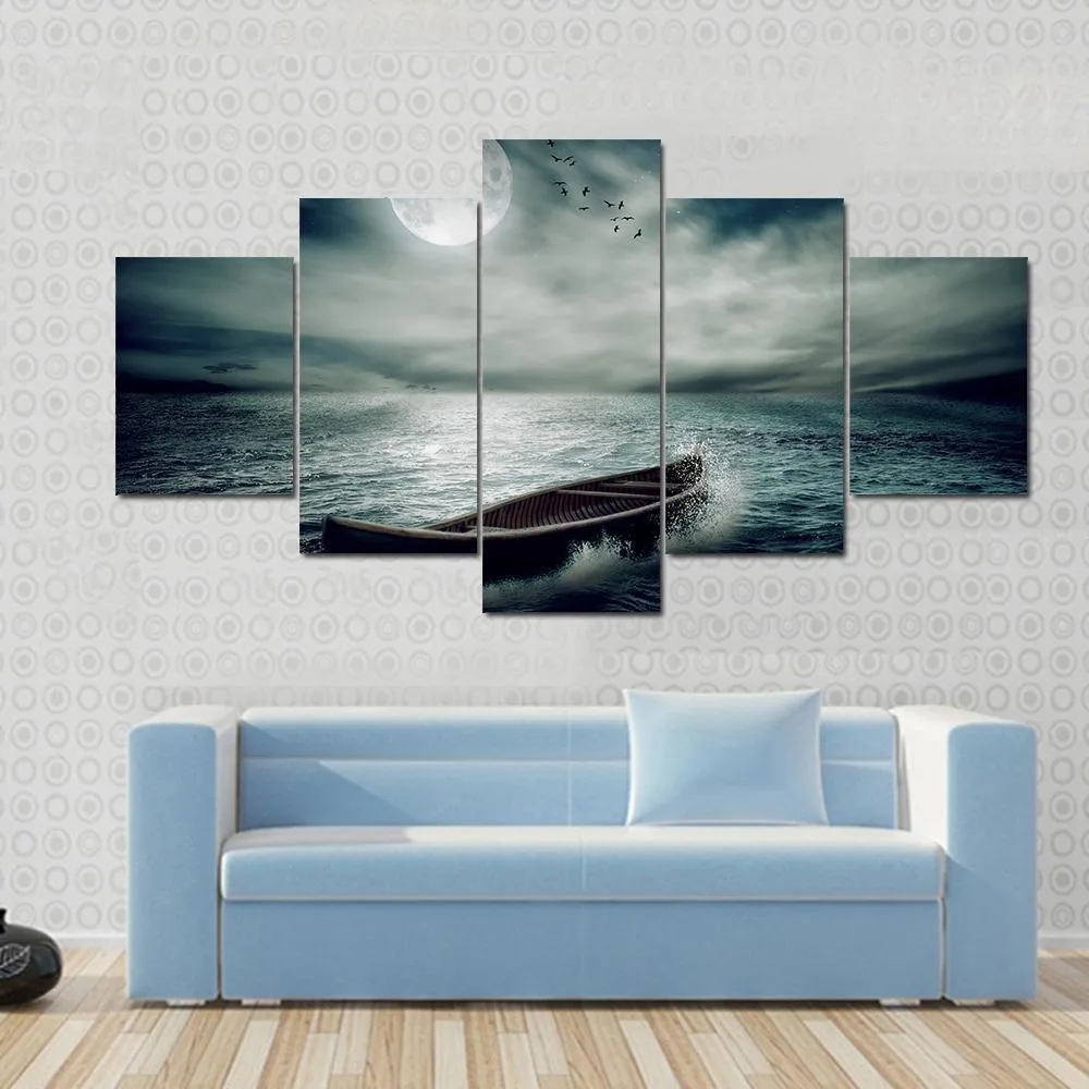 Boat Drifting In Stormy Ocean Canvas Wall Art