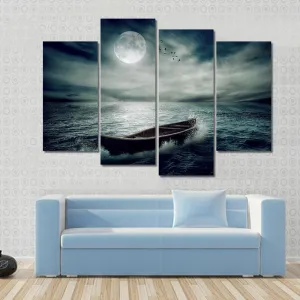 Boat Drifting In Stormy Ocean Canvas Wall Art