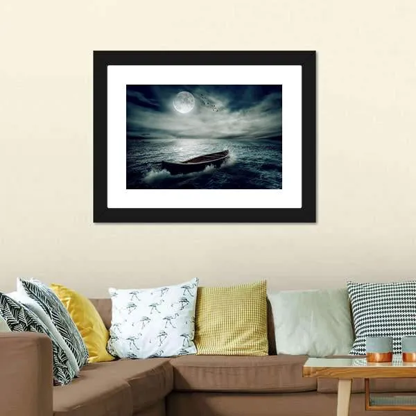 Boat Drifting In Stormy Ocean Canvas Wall Art