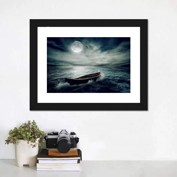 Boat Drifting In Stormy Ocean Canvas Wall Art