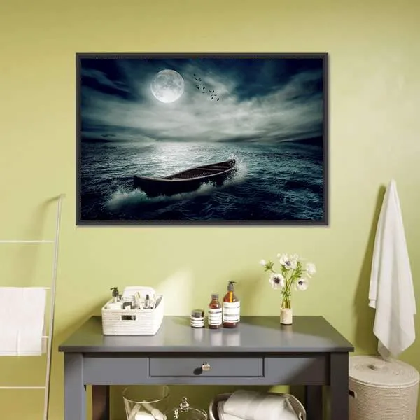 Boat Drifting In Stormy Ocean Canvas Wall Art