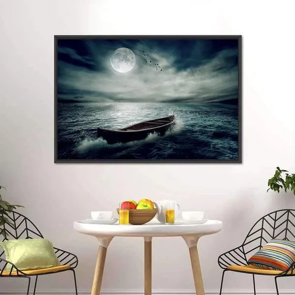 Boat Drifting In Stormy Ocean Canvas Wall Art