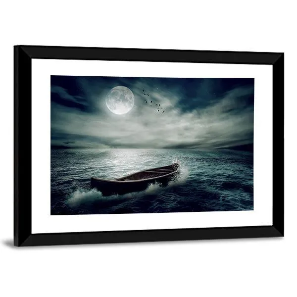 Boat Drifting In Stormy Ocean Canvas Wall Art