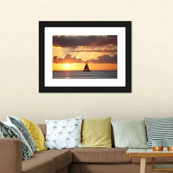 Boat In Ocean At Sunset Canvas Wall Art