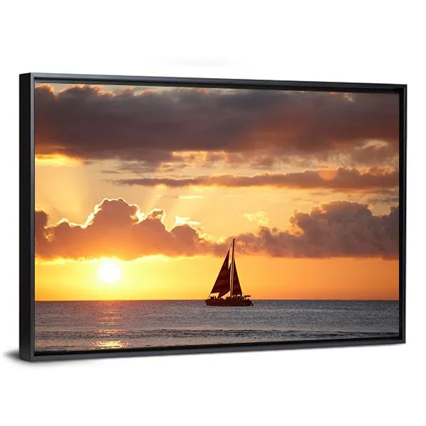 Boat In Ocean At Sunset Canvas Wall Art