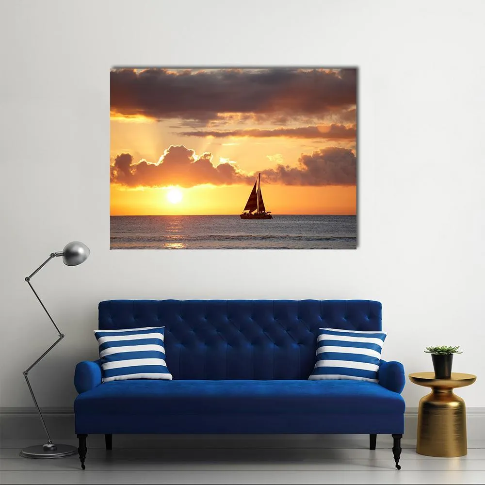 Boat In Ocean At Sunset Canvas Wall Art