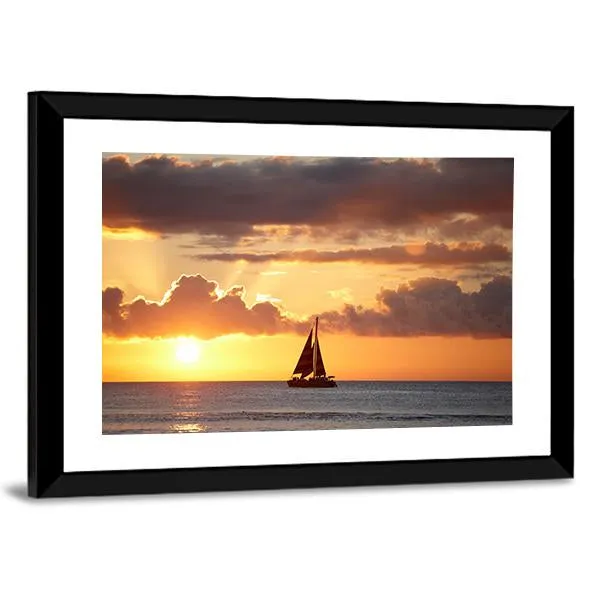 Boat In Ocean At Sunset Canvas Wall Art