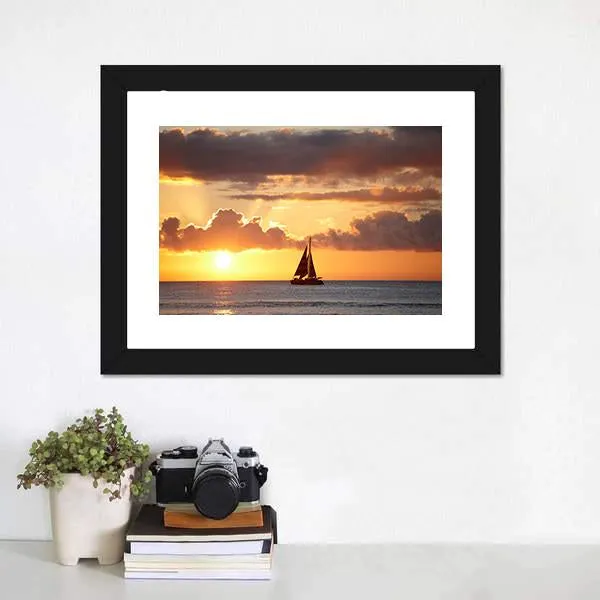 Boat In Ocean At Sunset Canvas Wall Art