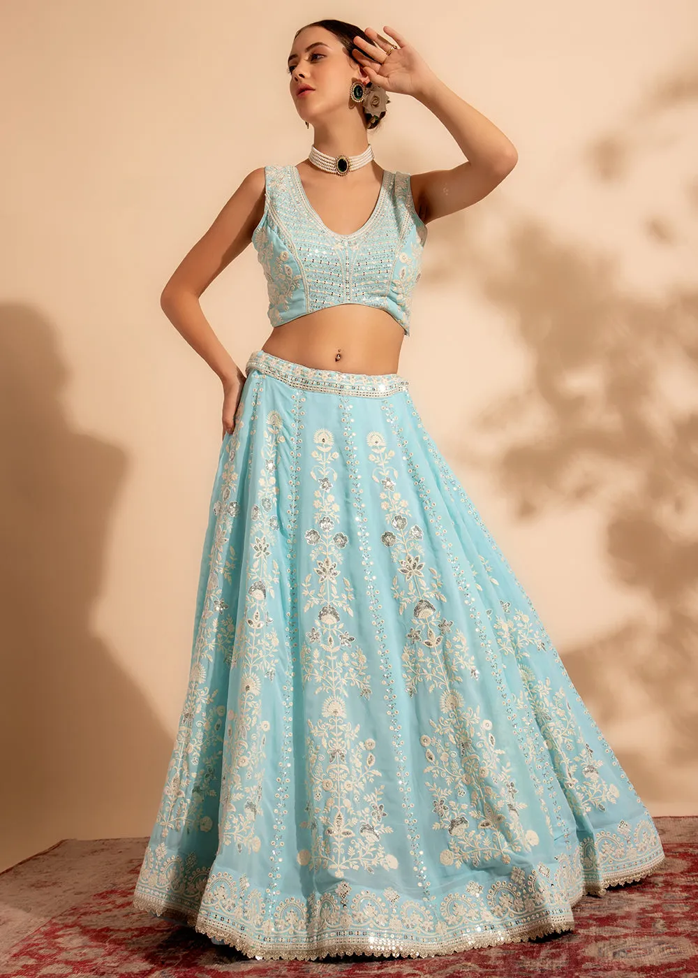 Charming Sky Blue Bridesmaid Style Wedding Lehenga Choli