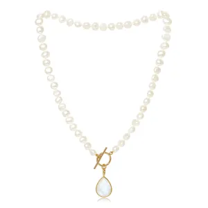 Clara white cultured irregular freshwater pearl necklace with moonstone gold vermeil drop