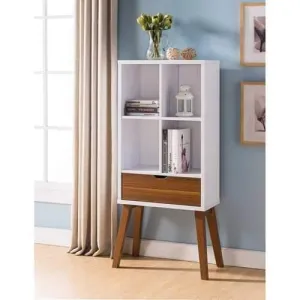 Contemporary Style Bookcase With Flared Legs, White and Brown