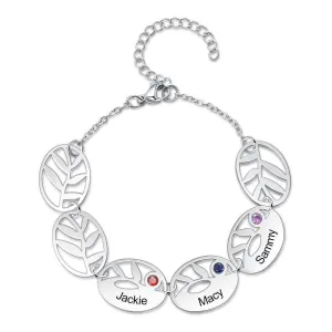 Customized 3 Names Engraving Leaf Charm Bracelet Fashionable Accessory for Women