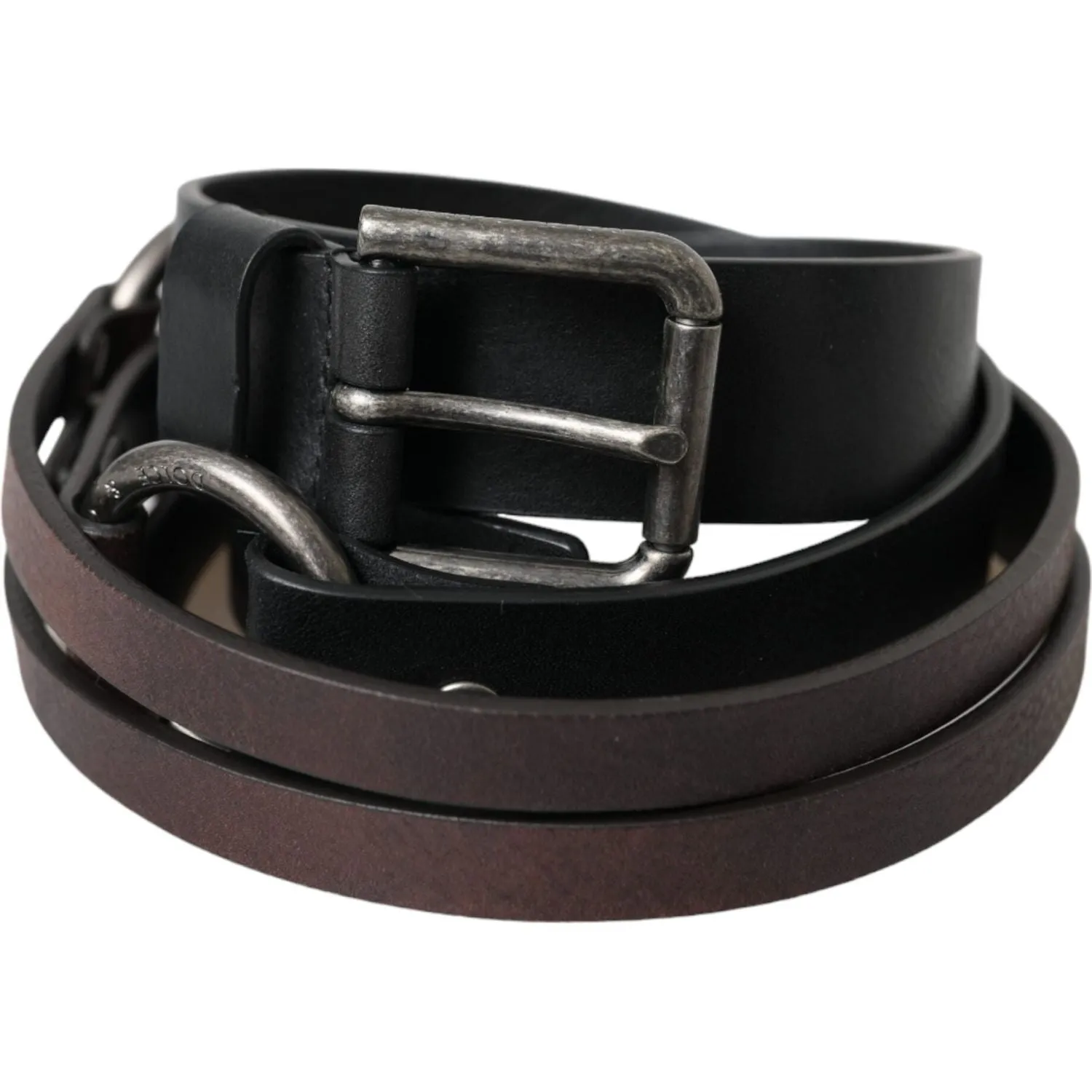 Dolce & Gabbana Black Brown Leather Silver Metal Buckle Belt