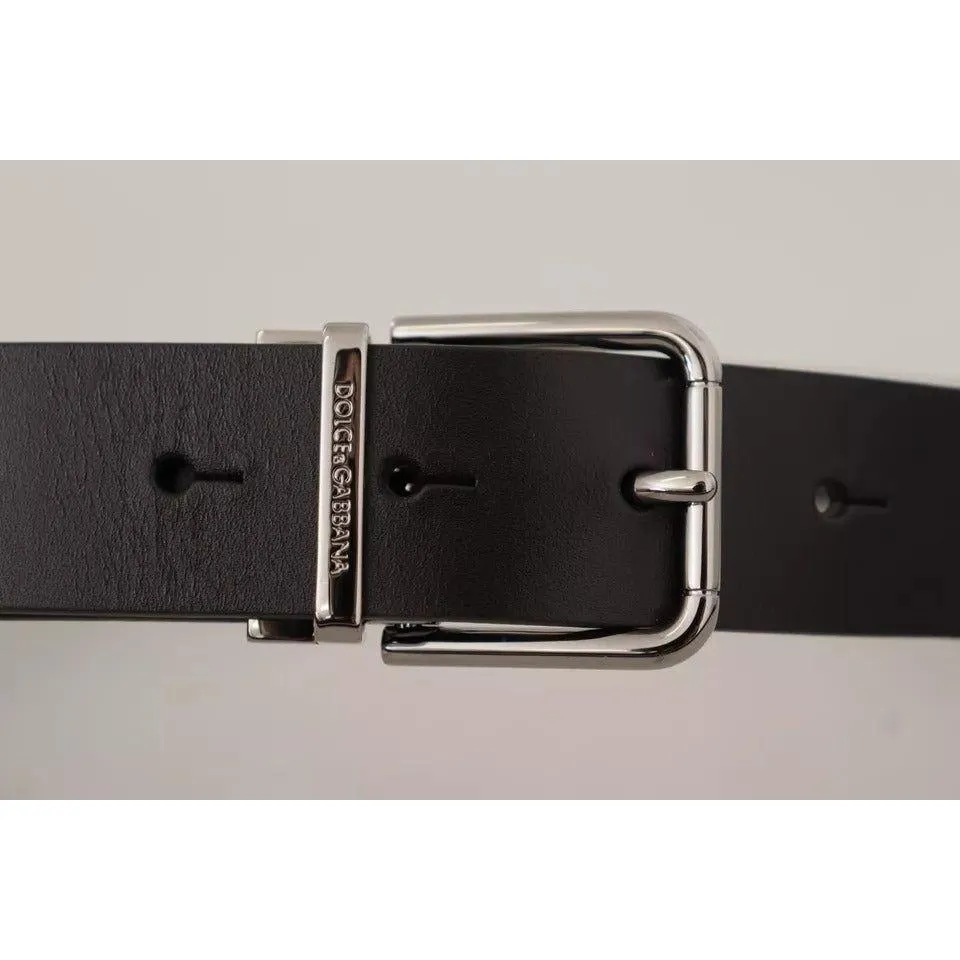 Dolce & Gabbana Black Calf Leather Logo Engraved Metal Buckle Belt