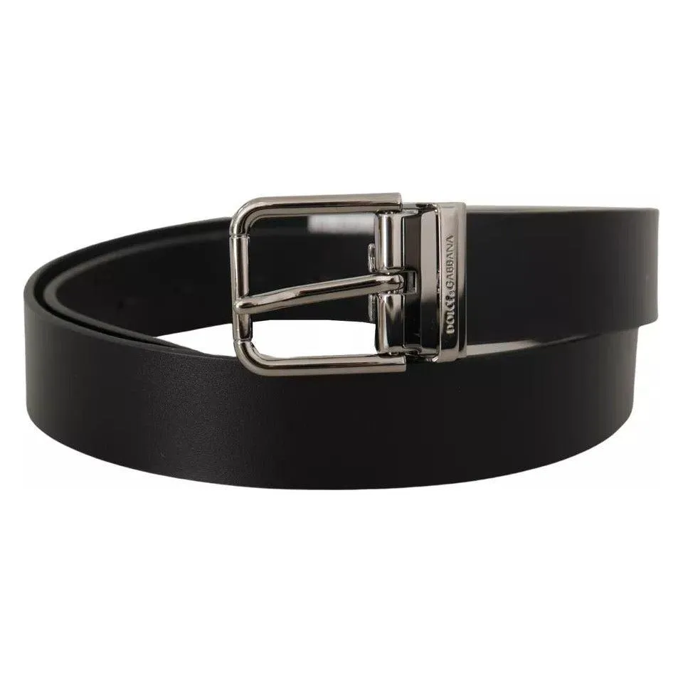 Dolce & Gabbana Black Calf Leather Logo Engraved Metal Buckle Belt