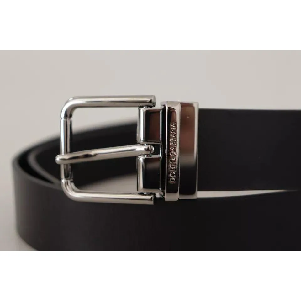 Dolce & Gabbana Black Calf Leather Logo Engraved Metal Buckle Belt