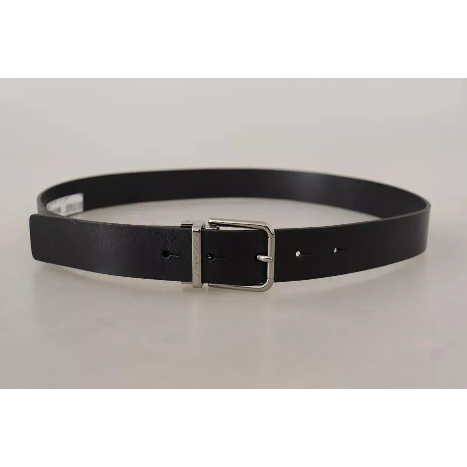 Dolce & Gabbana Black Calf Leather Logo Engraved Metal Buckle Belt