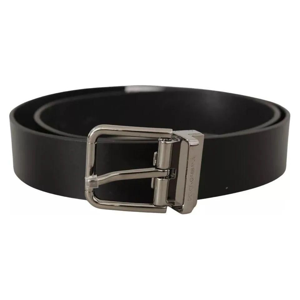 Dolce & Gabbana Black Calf Leather Logo Engraved Metal Buckle Belt