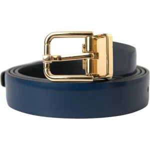 Dolce & Gabbana Blue Calf Leather Gold Metal Buckle Belt Men