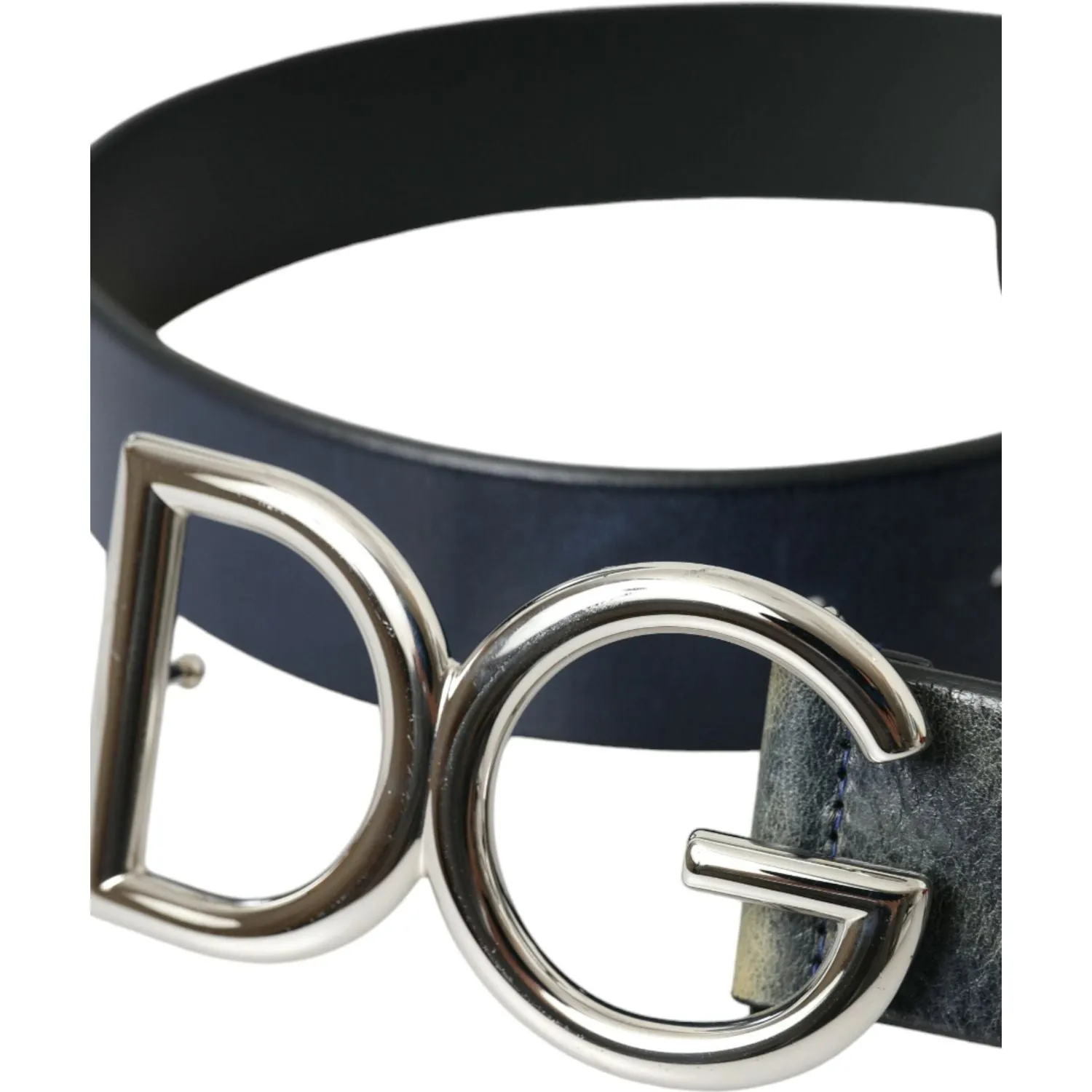 Dolce & Gabbana Blue Leather Silver Metal Logo Buckle Belt Men