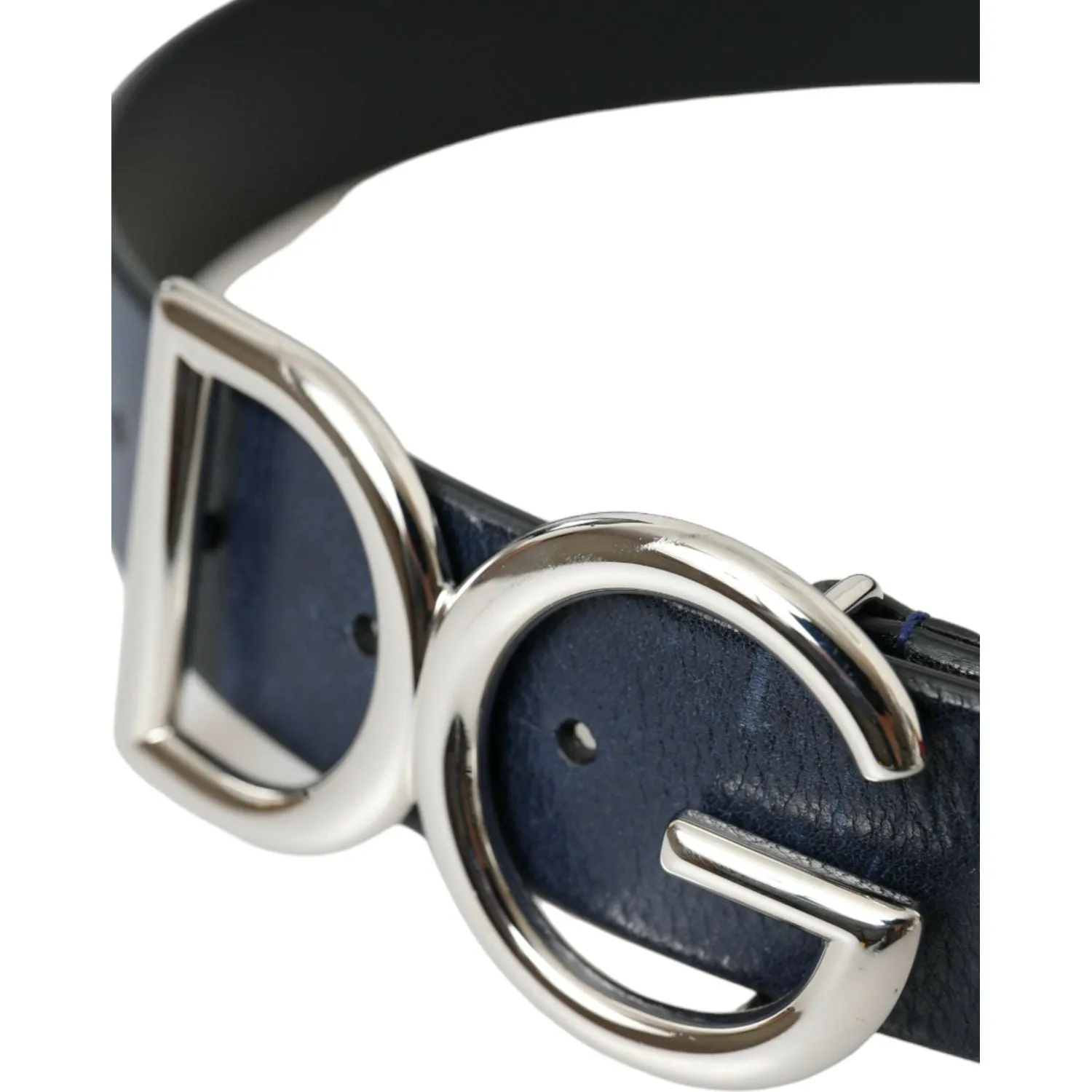 Dolce & Gabbana Blue Leather Silver Metal Logo Buckle Belt Men