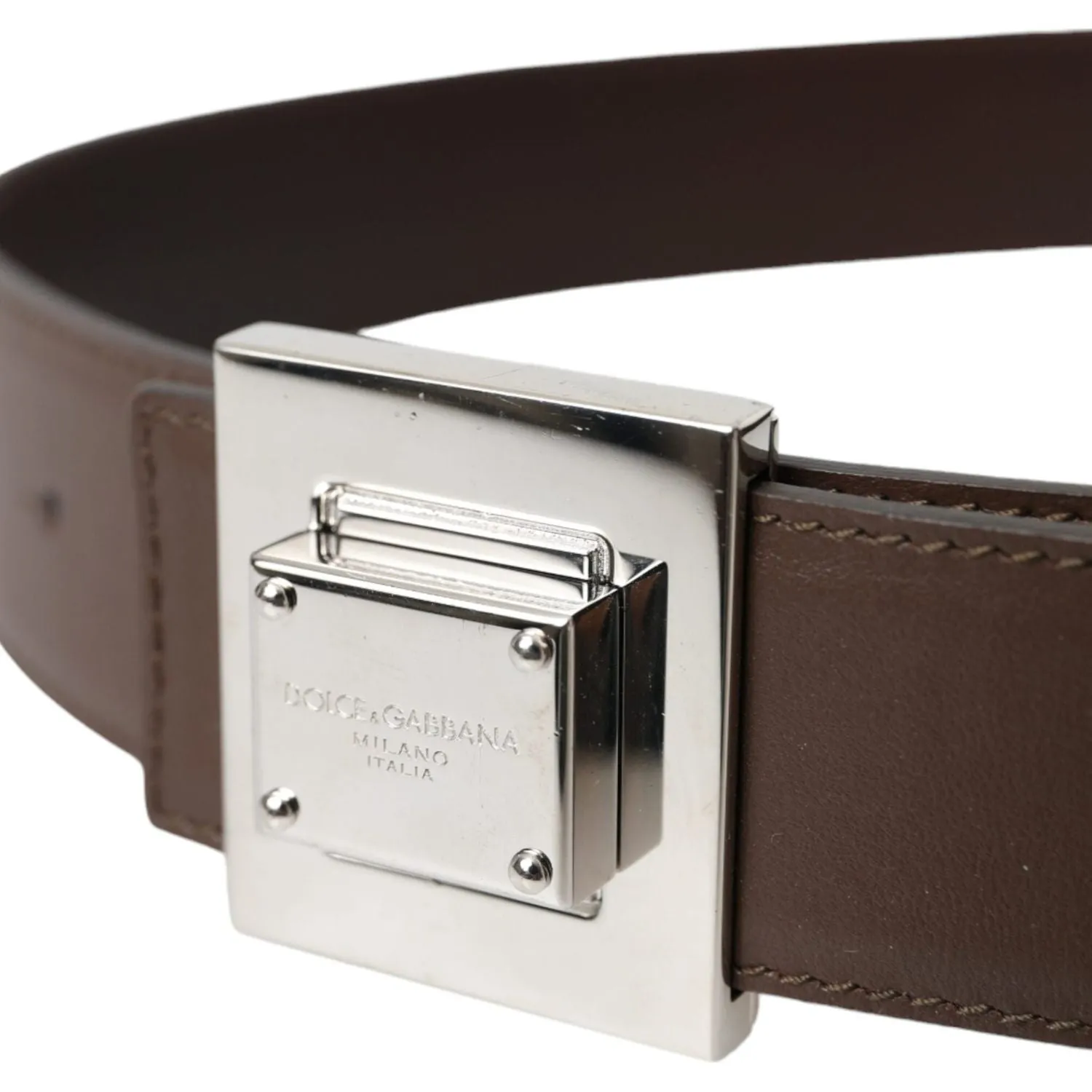 Dolce & Gabbana Brown Calf Leather Square Metal Buckle Belt