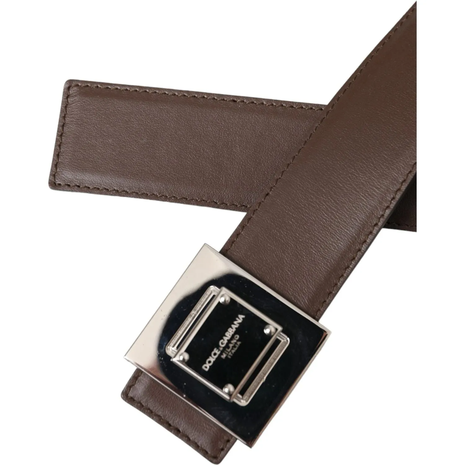 Dolce & Gabbana Brown Calf Leather Square Metal Buckle Belt